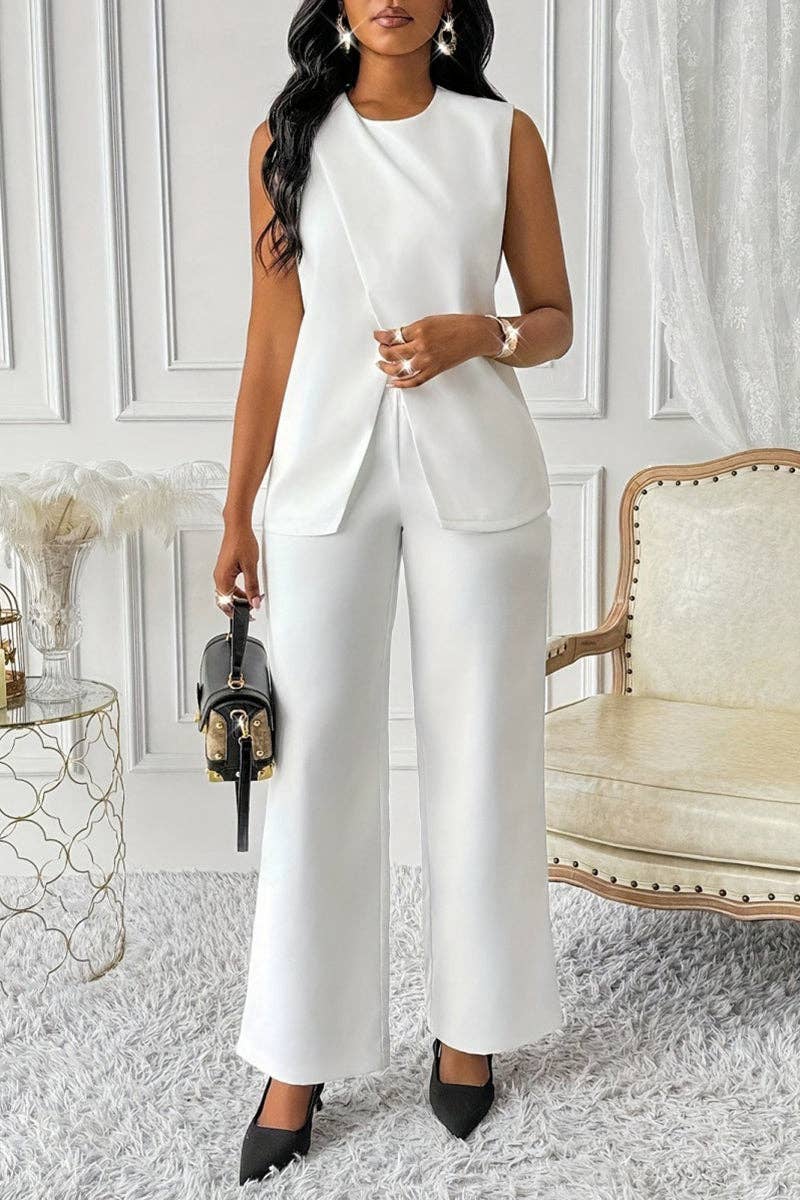 BLANC Ensemble élégant sans manches avec ceinture et pantalon en vente sur Faire1