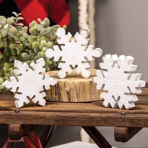 Col House Designs - Wholesale Decorative Tabletop Object - Distressed Wooden Snowflake Sitter, 3 Assorted1