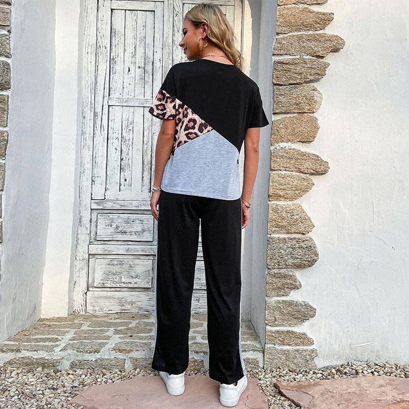 BLACK Colorblock Leopard Print T-Shirt Pants Set for wholesale on Faire3