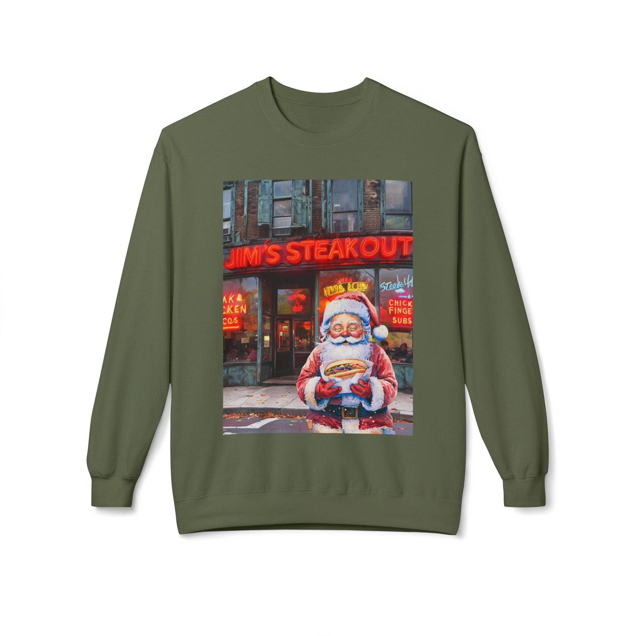 Buffalovely - Wholesale Graphic Sweatshirt - Unisex - Santa with a Hoagie at Jim's Steakout Unisex Cozy Crewneck Sweatshirt5