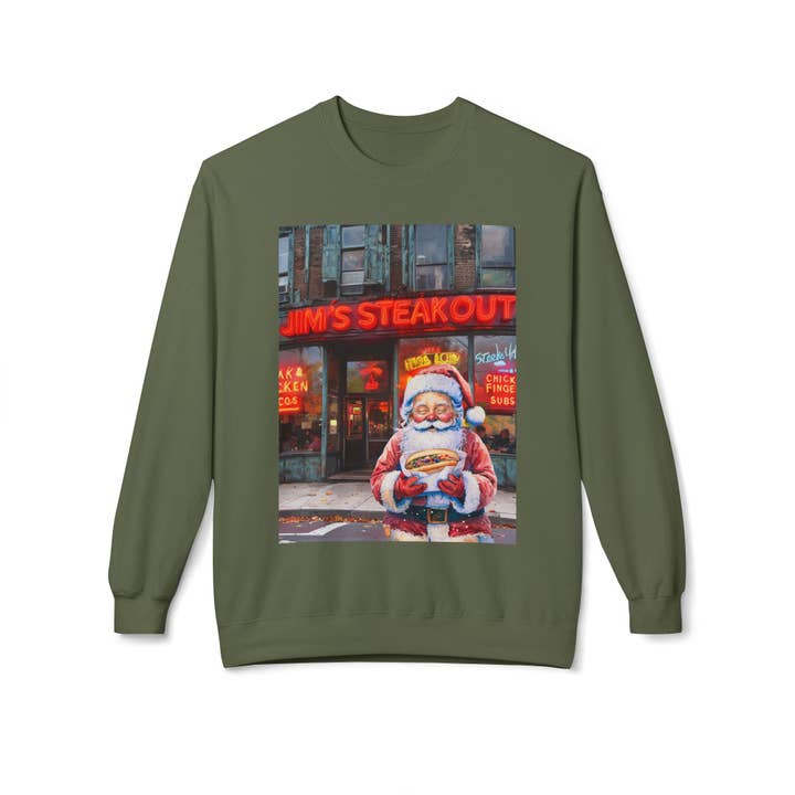 Buffalovely - Wholesale Graphic Sweatshirt - Unisex - Santa with a Hoagie at Jim's Steakout Unisex Cozy Crewneck Sweatshirt5