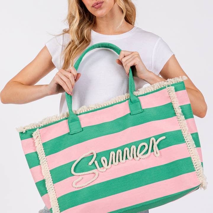 MiMi Wholesale - Wholesale Tote Bag - Women's - MB0267 Sewn Tope Summer Letter Fringe Striped Tote Bag