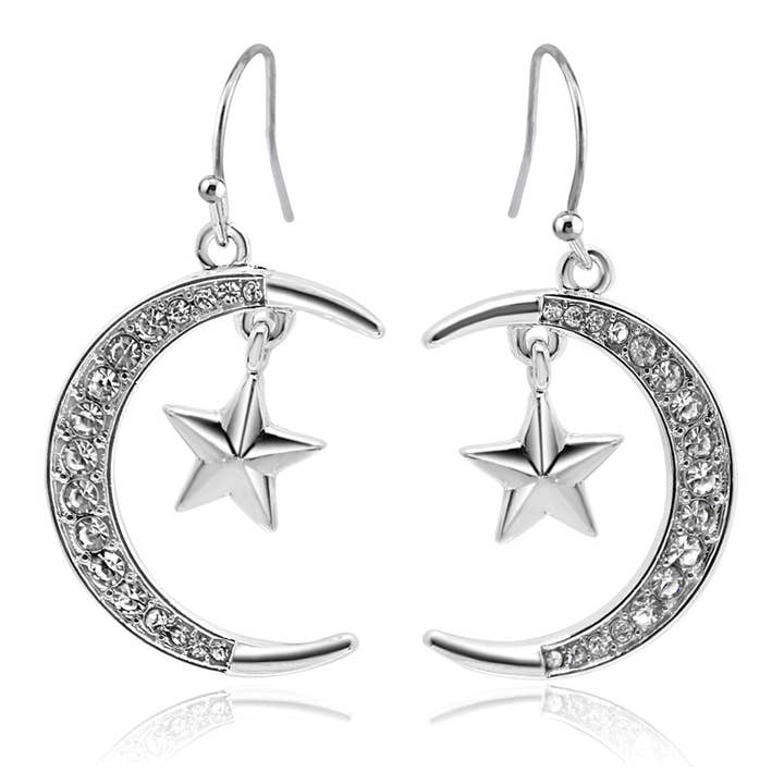 Pendientes EP 148 de plata con forma de luna y estrella con circonitas para venta al por mayor de COPPER ARTS INC.