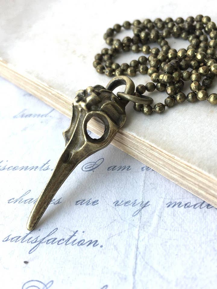Plague Doctor Bird Skull Necklace Antique 18 inch for wholesale by Red Truck Designs