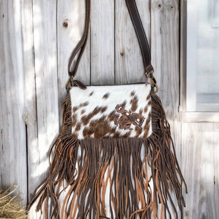 Western Linens - Wholesale Crossbody Bag - Women's - Bucking Horse Cowhide Fringe Crossbody