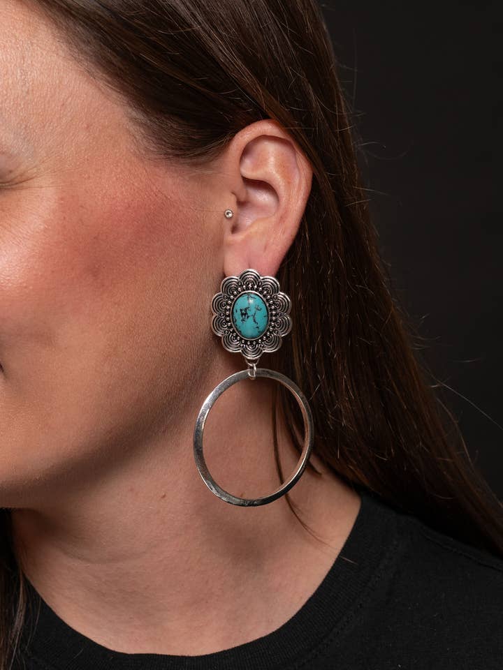 3" Silver Dangle Hoop on Flower Post w/ Turquoise Accent for wholesale by West & Co.