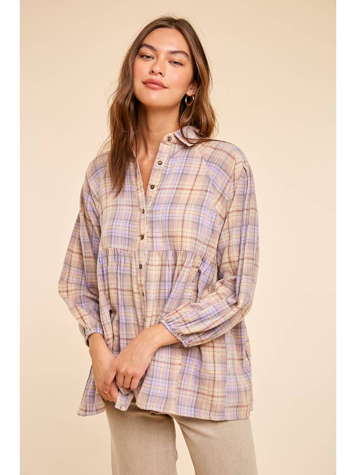 In Loom - Wholesale Button Down Shirt - Women's - GARMENT WASHED PLAID BUTTON DOWN TUNIC