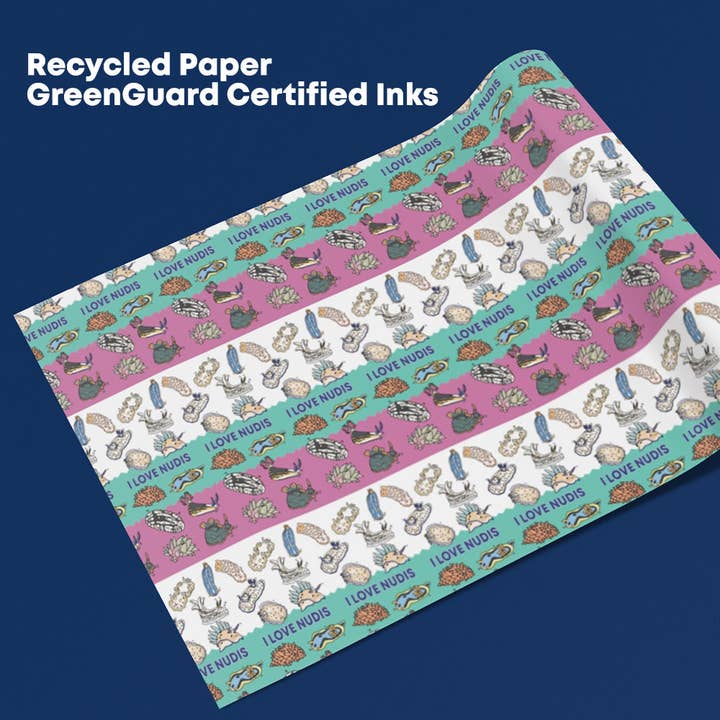 I LOVE NUDIS – wholesale Wrapping paper roll – I LOVE NUDIS™ Colorful Nudibranch Collage Recycled Gift Wrapping Paper1