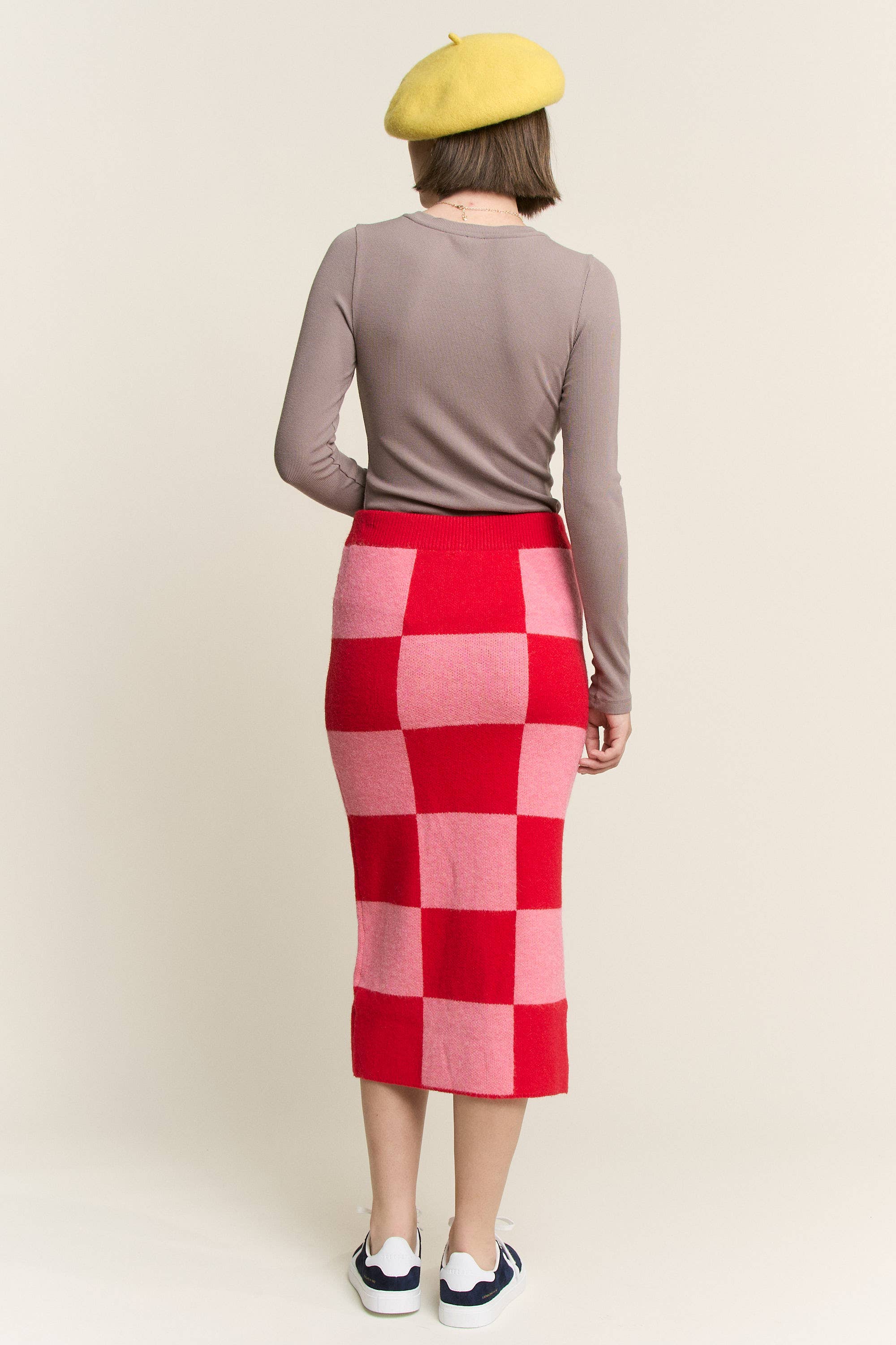 JADE BY JANE - Wholesale Skirt - Women's - BIG CHECKERED PAST KNIT PENCIL MIDI SKIRT W/ SIDE SLIT26