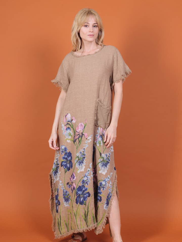 Linen dress with placed flower 14961 for wholesale by Shyloh