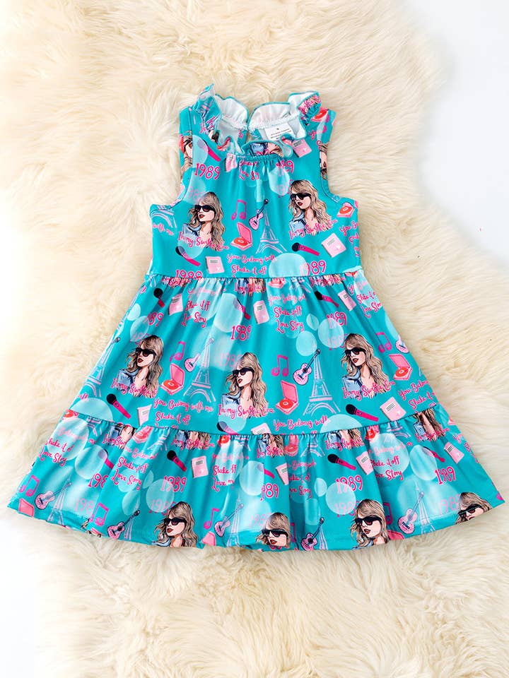 Teal Swif*e printed girls dress. DRG51069 AMY for wholesale by Kids Charm Online