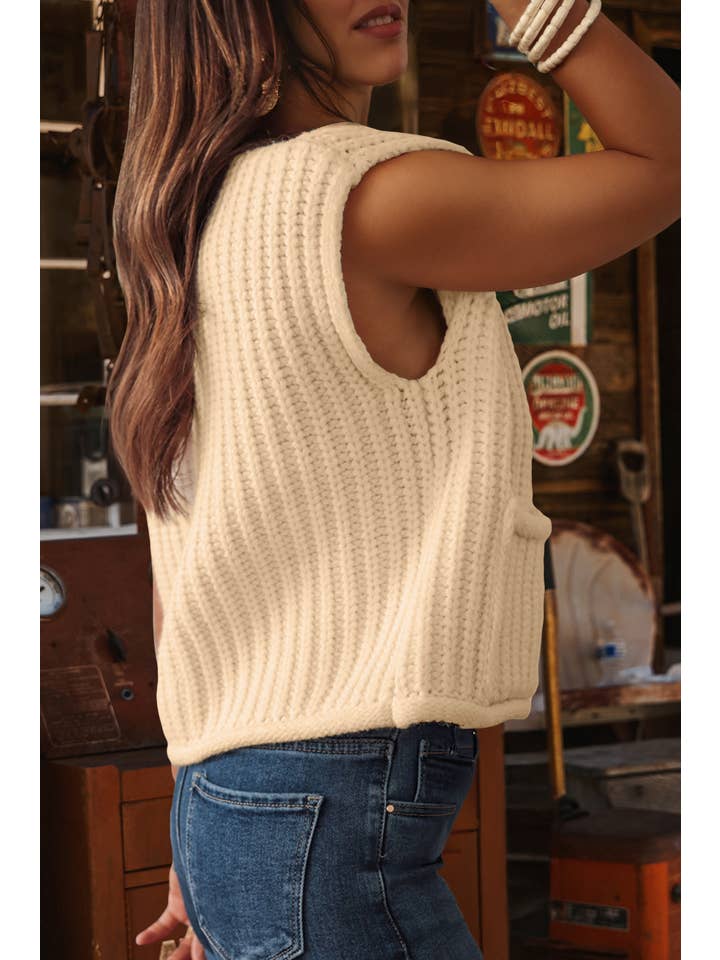 fashionworks - Wholesale Sweater Vest - Women's - Fashion-W Textured Knit Side Pockets Button Sweater Vest