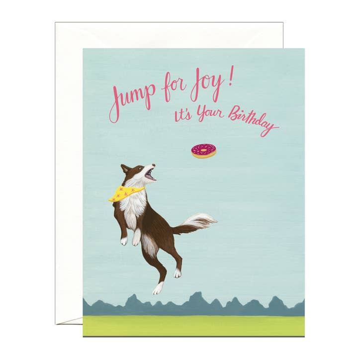 Jumping Dog & Frisbee Donut Birthday Card for wholesale by Yeppie Paper
