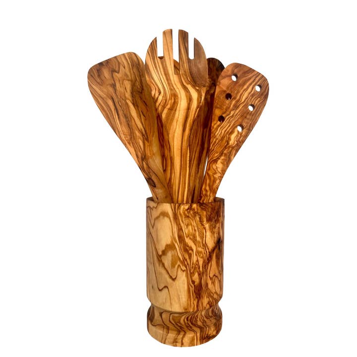 Olive Wood Kitchen Servers Set w/Holder -6 Pcs for wholesale by Choixe