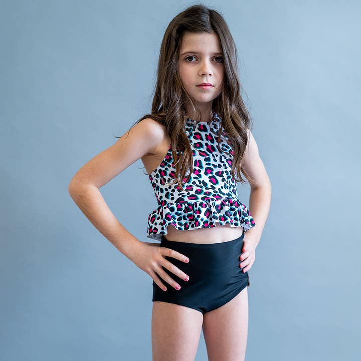 Abby Peplum Swim Top - Fuschia Leopard for wholesale by MINI Street