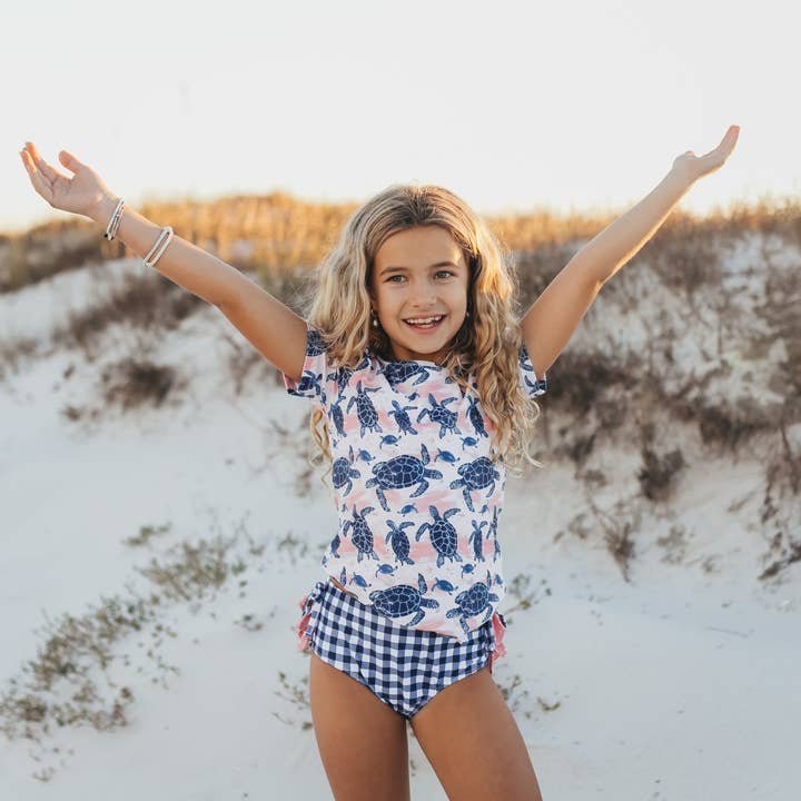Oopsie Daisy - Wholesale Rashguard - Kids - Kids Navy & Pink Sea Turtle Rash Guard Ruffle Swimsuit4