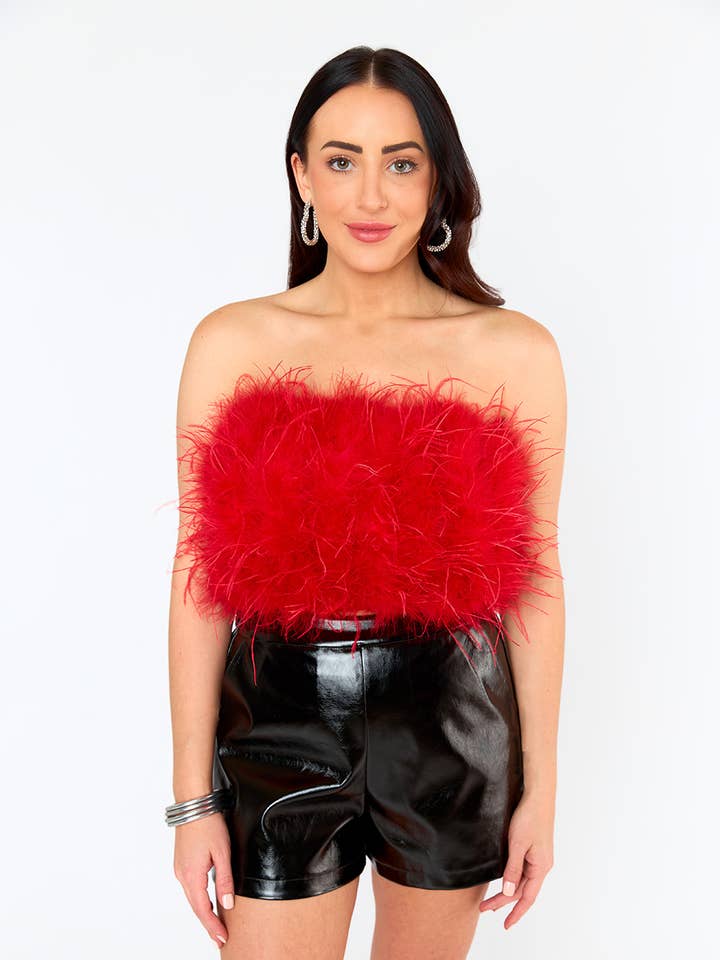 Fancy Crimson Red Strapless Feather Top for wholesale by BuddyLove