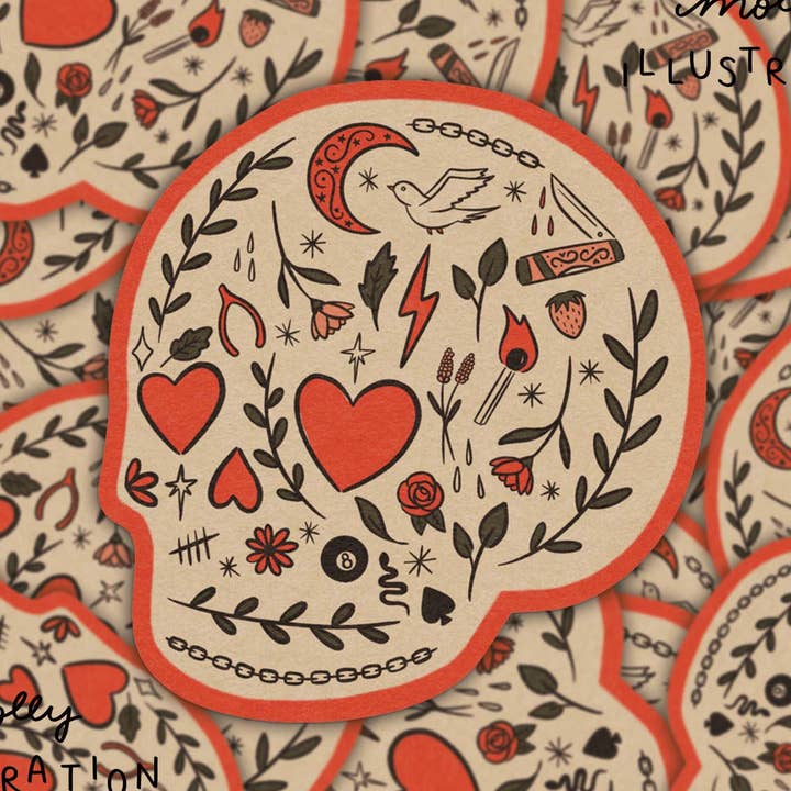 Heart Eyes Botanische Cartoon Schedel Waterdichte Vinyl Sticker voor wholesale door Molly Illustration