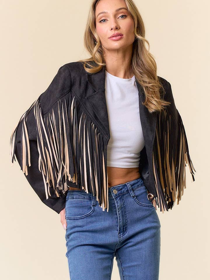 Saints & Hearts – Engroshandel Jakke - Dame – SIJ5279ABLACK FLERFARVET FRINGE ÅBEN FRONTJAKKE (Kopi (C1