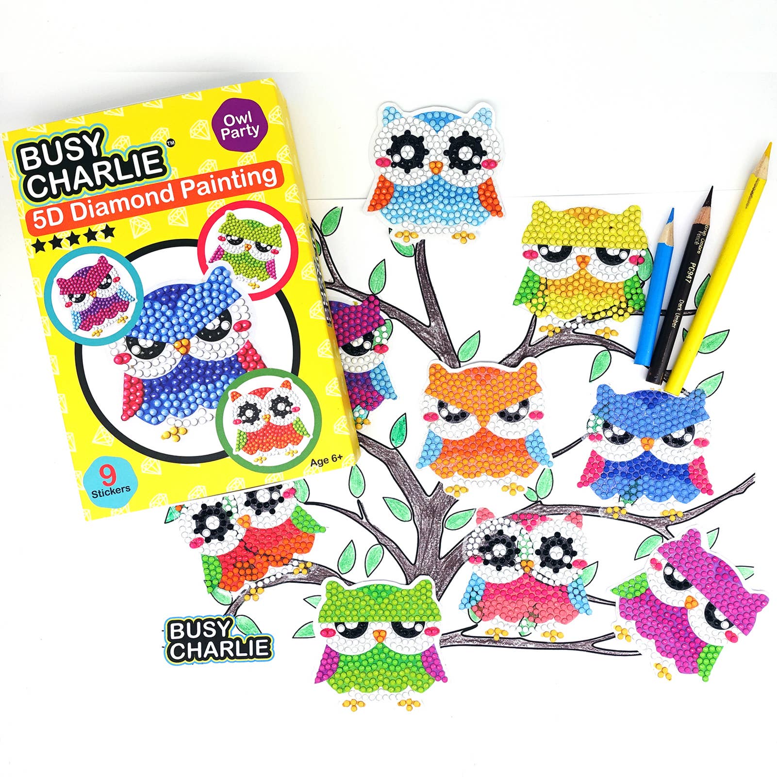 Busy Charlie LLC – Kit de artesanato DIY - Criança por atacado – Kit de pintura de diamante 5D para crianças - Owl Party6