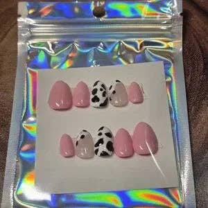 Pink and Cow Print Medium Almond Press-On Nails for wholesale by Hylidae Boutique