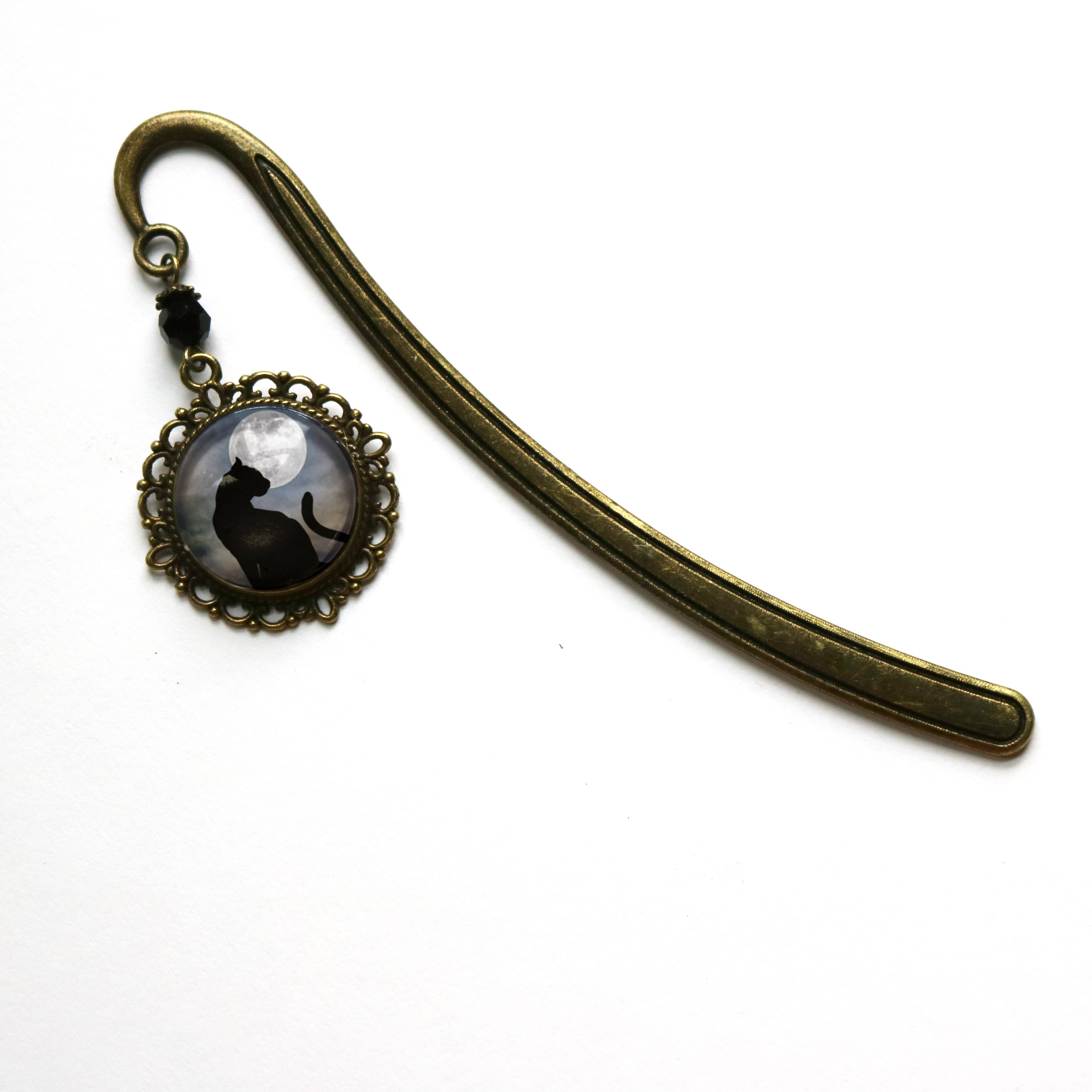 The Divine Iguana - Wholesale Bookmark - Black Cat on Full Moon Goth Halloween Bronze Bookmark2