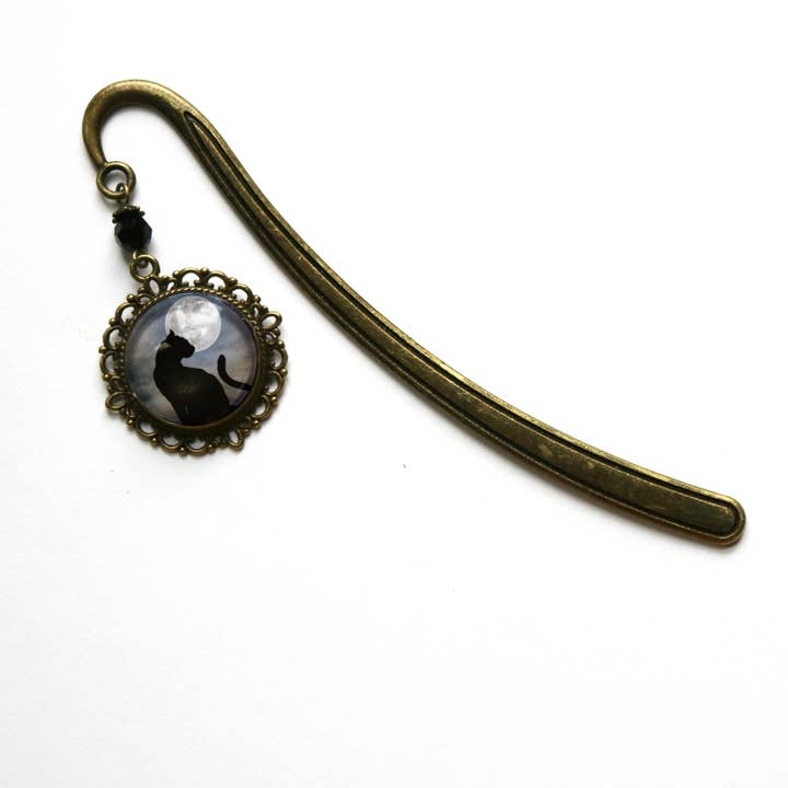 The Divine Iguana - Wholesale Bookmark - Black Cat on Full Moon Goth Halloween Bronze Bookmark2