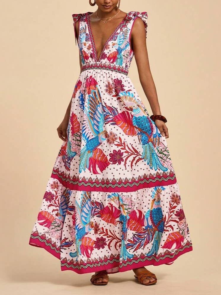Rosa Clothing - Wholesale Dress - Women's - straps shoulder Tropical Floral print resort maxi dress4