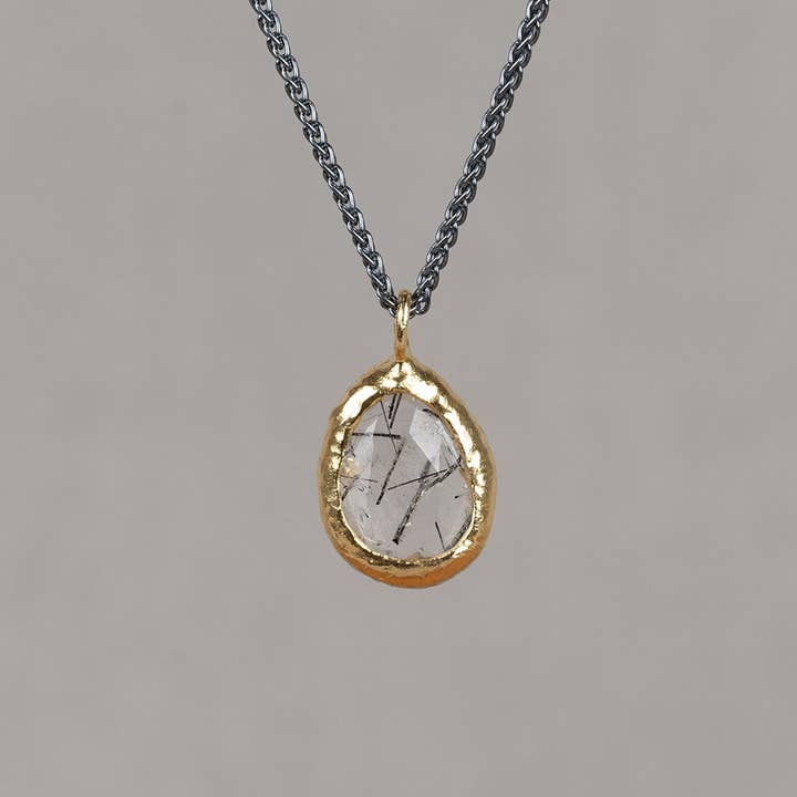 Necklace silver oxy + gold plated + Black Rutile Quartz for wholesale by Jéh Jewels