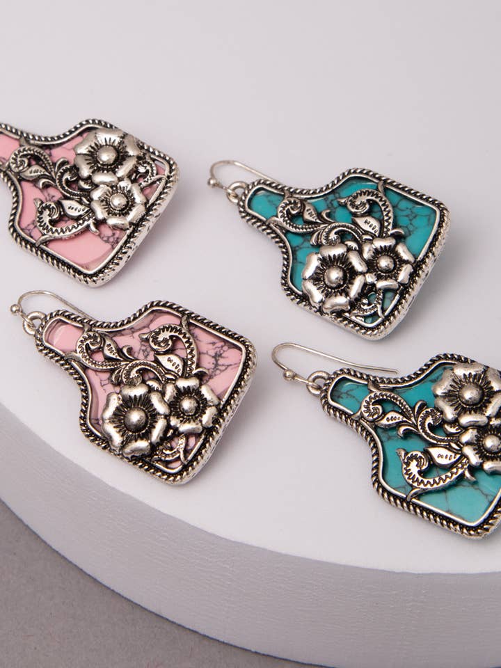 Western Colored Turquoise Floral Cattle Tag Dangle Earrings for wholesale by SP Sophia Collection