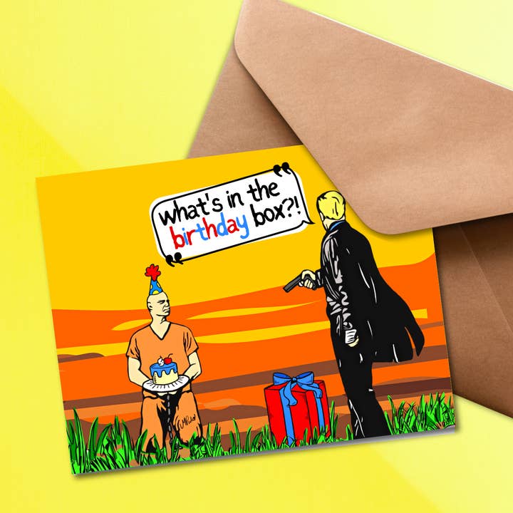 'What's in the Box' 90s Movie Birthday Card for wholesale by Junkyard Bunnie LLC