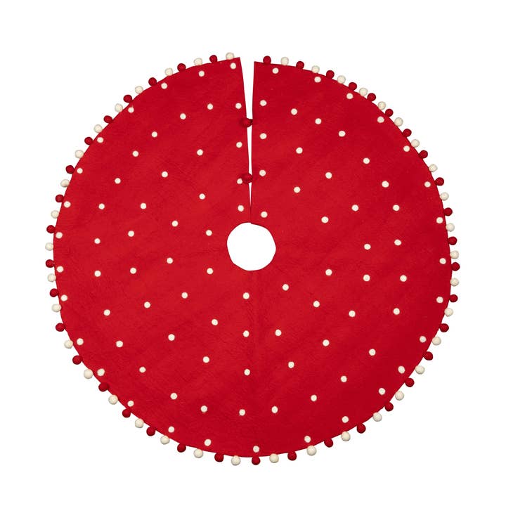A05274 : Jupe d'arbre en feutre, rouge, à pois blancs, bordure à pompons, 48 pouces pour la vente par Silver Tree Home & Holiday