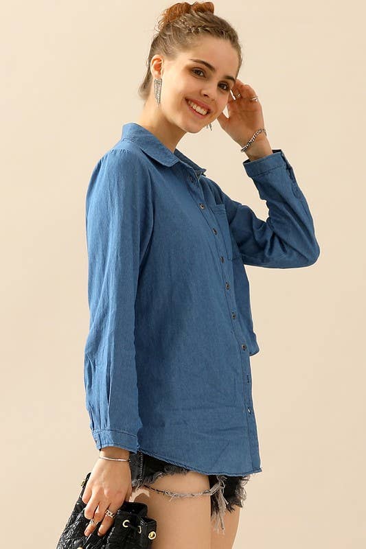 NINEXIS - Wholesale Button Down Shirt - Women's - CWTSTL088_DENIM CHAMBRAY BUTTON UP LONG SLEEVE TOP17