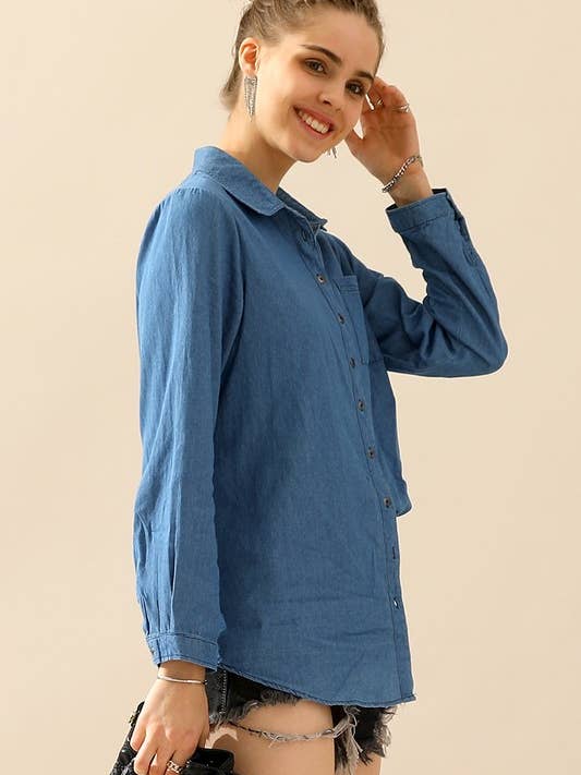 NINEXIS - Wholesale Button Down Shirt - Women's - CWTSTL088_DENIM CHAMBRAY BUTTON UP LONG SLEEVE TOP17