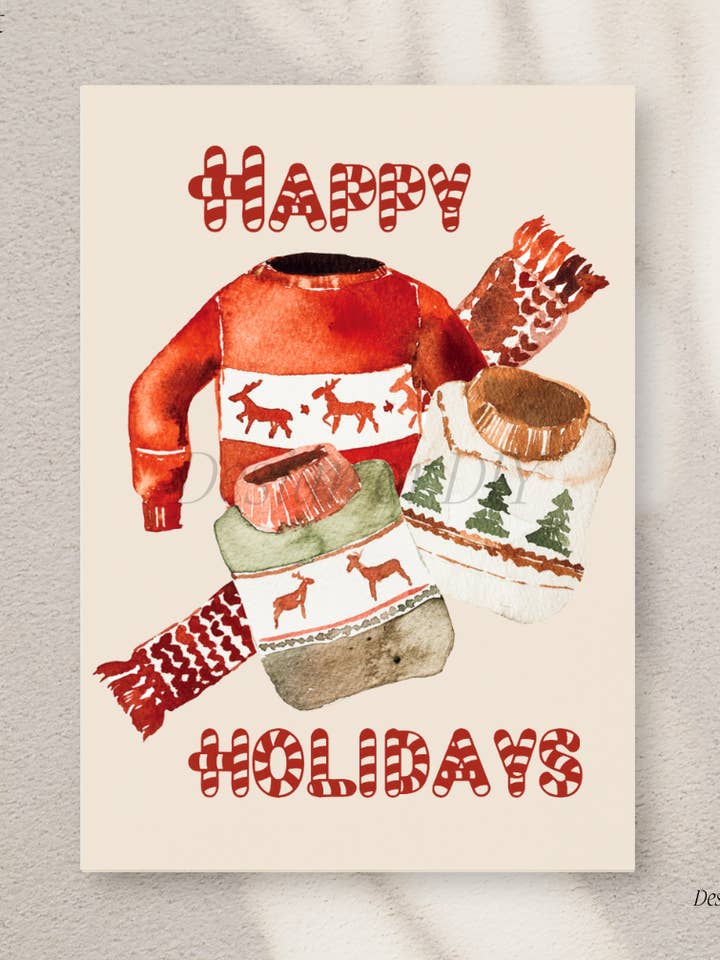 Cartolina natalizia, maglione natalizio, acquerello, regali di festa per la vendita all'ingrosso da parte di Collette Noel Design