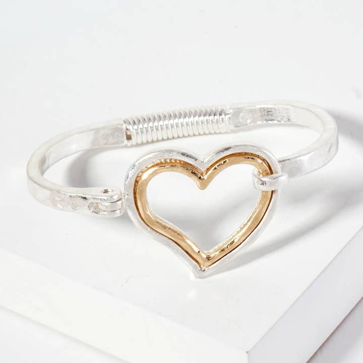 Wild Honey - Wholesale Bangle Bracelet - Hammered Metal Dual-Tone Heart Hook-Clasp Bracelet3