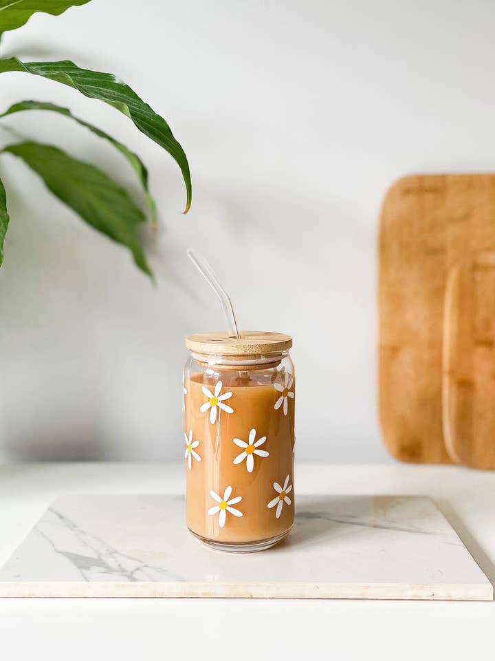 Daisy glasburk med bambulock och klart glasstrå för wholesale av Hope and Grey Creative