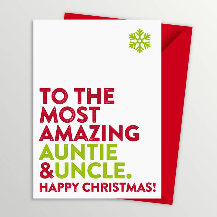 Amazing Auntie & Uncle Christmas Card for wholesale by A is for Alphabet Ltd