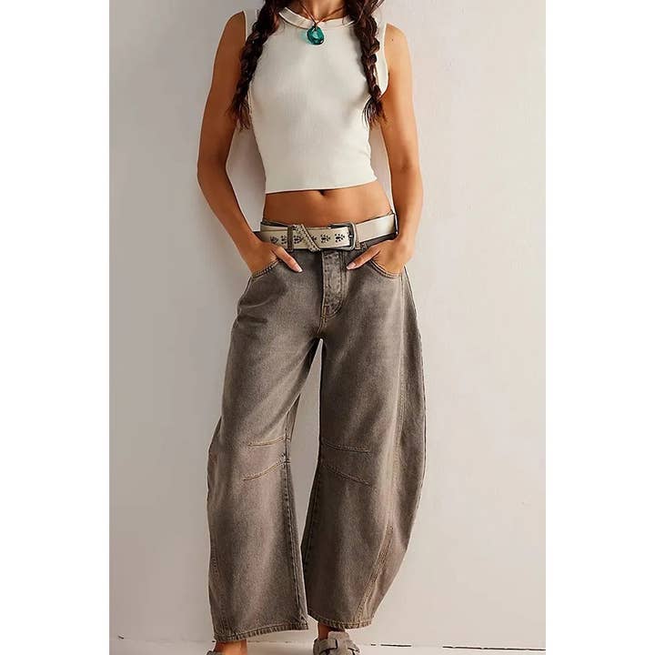 Paperdoll - Wholesale Jeans - Women's - Casual Wide Leg Loose Mid Low Waist Washed Denim