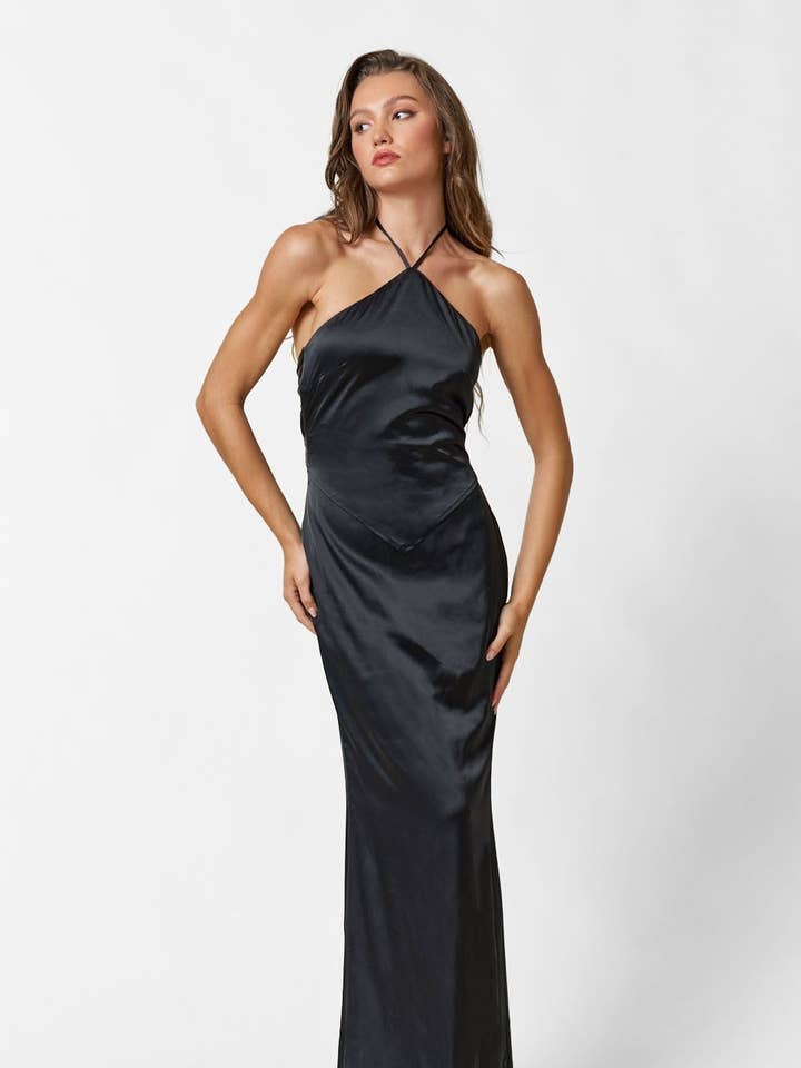 IBD30018 Satin Halter Neck Back Tie Prom Midi Dress for wholesale by Blue Blush