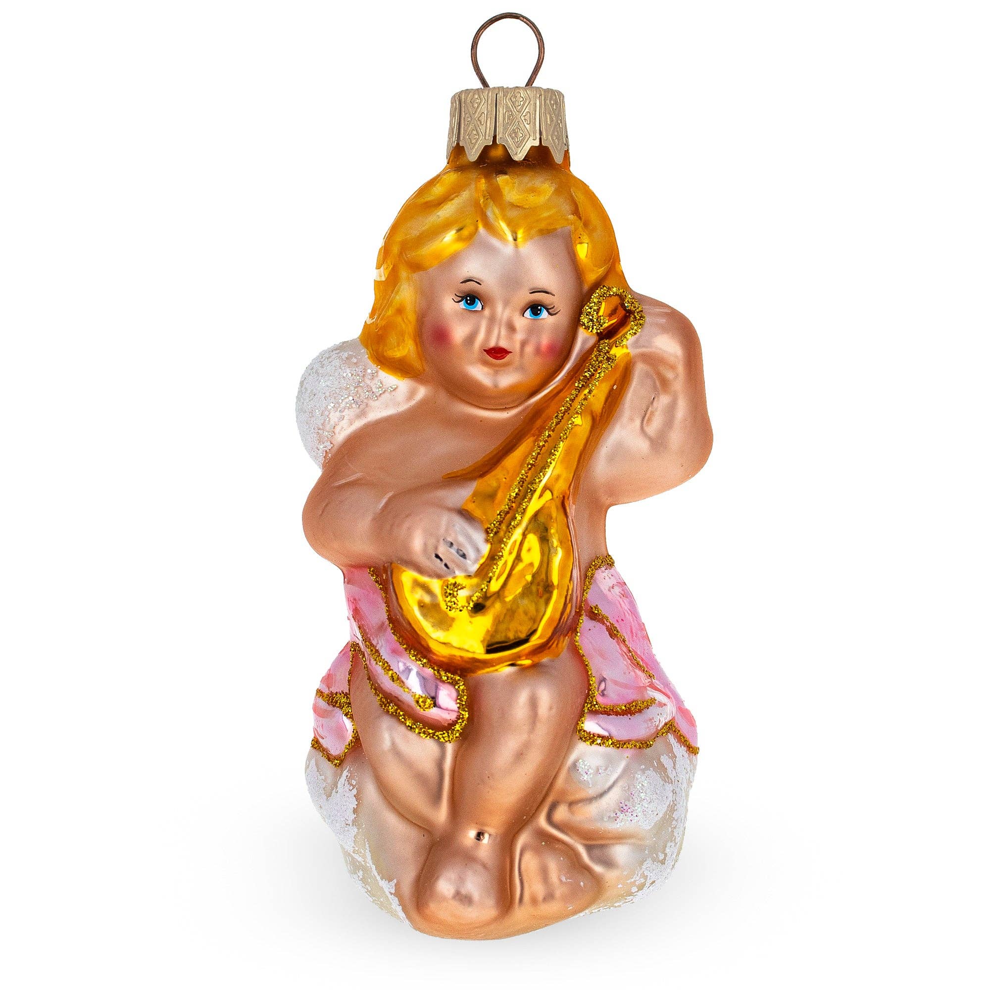 BestPysanky - Wholesale Ornament - Cherub Angel Musician Playing Golden Mandolin Glass Ornament0