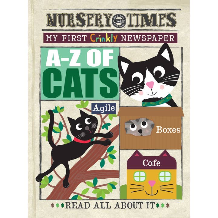 NEW: Nursery Times Crinkly Newspaper - A-Z of Cats for wholesale by Jo & Nic's Crinkly Cloth Books