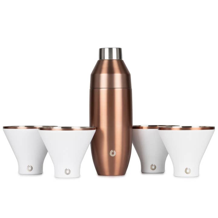 Ensemble de shaker à cocktail en acier inoxydable et verres à martini, or et blanc pour la vente par Snowfox