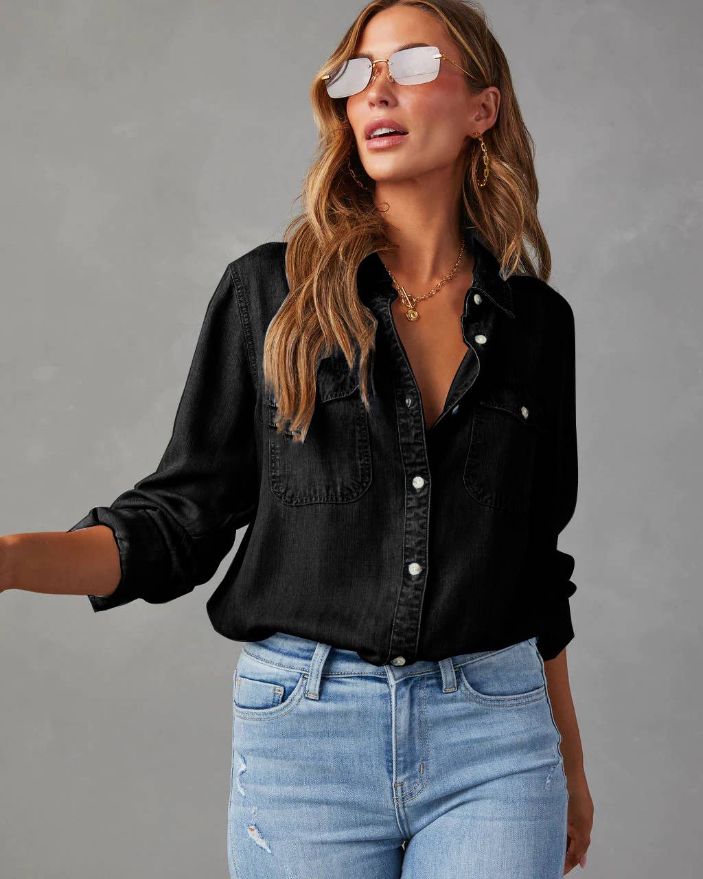 Hope & Sunshine – Camisa com botões no colarinho – Mulher por atacado – Camisa jeans casual feminina com botões0