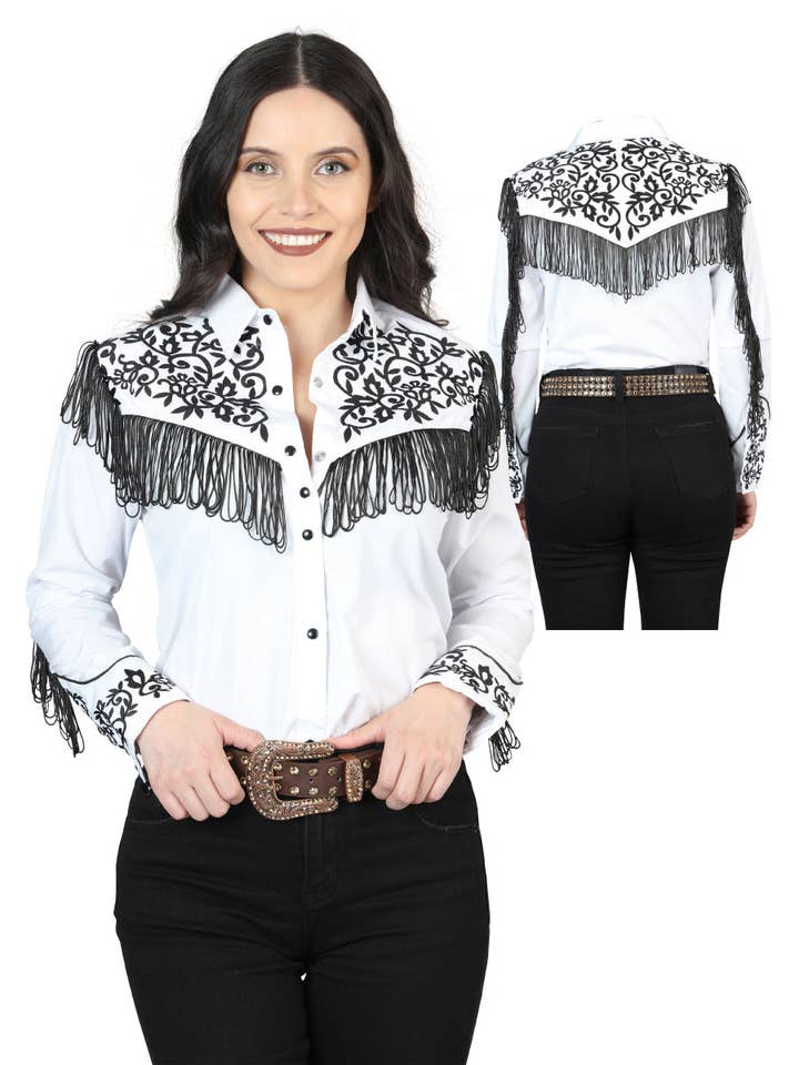 El General Western Wear - Wholesale Button Down Shirt - Women's - Womens Fringe White Embroidered Western-style Blouse 44182