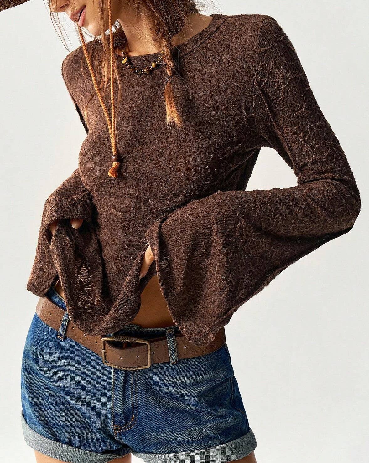 Rosa Clothing - Wholesale Blouse - Women's - Textured Crew Neck Flared Sleeves Blouse2