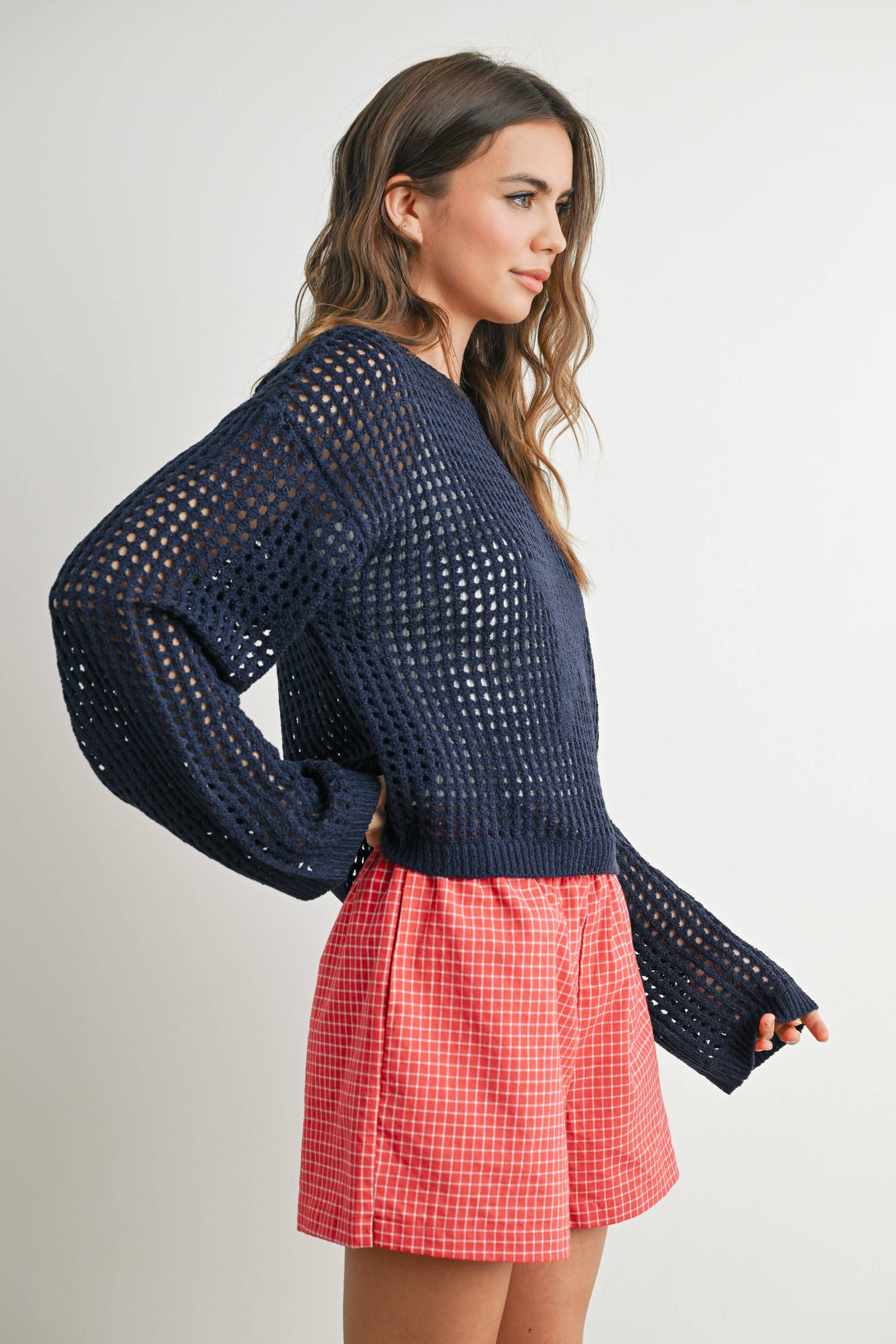 BUTTERMELON - Wholesale Knit Sweater - Women's - Crew Neck Crochet Sweater - BMW76335