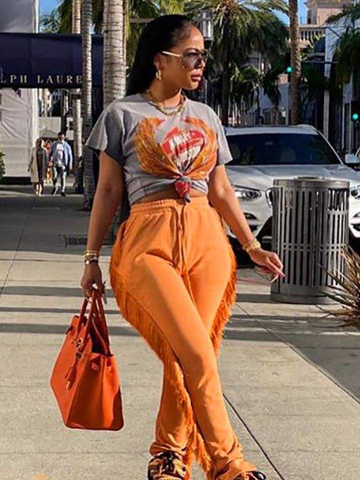 fringe slim stretchy ruched waist pants for wholesale by Queen Fashion