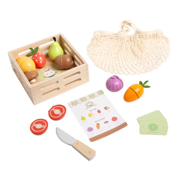 Wooden Farmers Market Toy Set, 21-Piece Pretend Play for wholesale by Pearhead