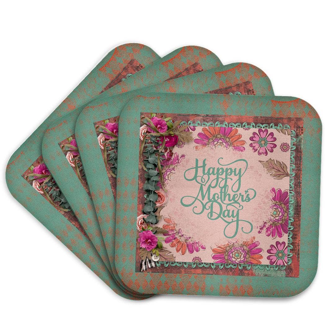 3dRose – wholesale Coasters – 3dRose, Image of Happy Mothers Day, Flora Frame, Pink, Green, Coaster7